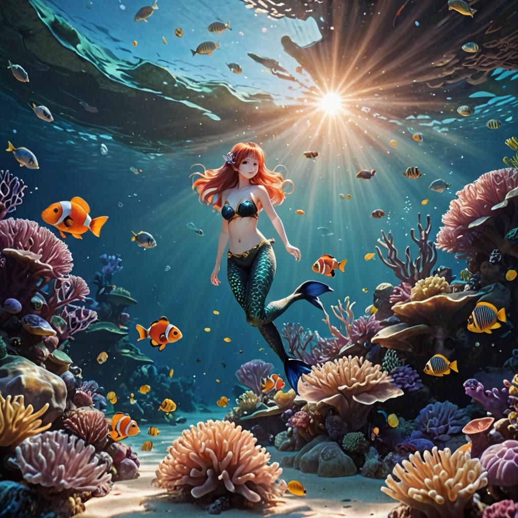 Underwater Anime Mermaid in Coral Reef 3D Art