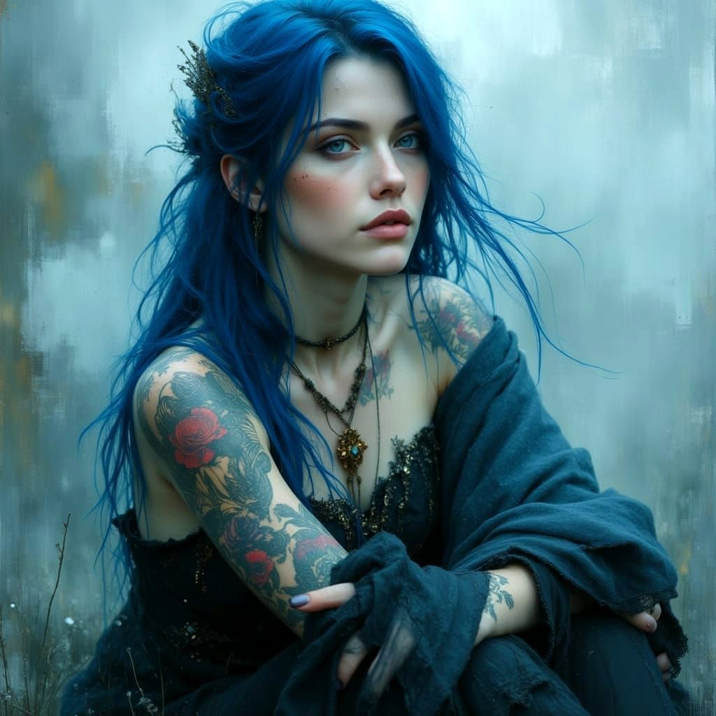 Ethereal Tattooed Norse Goddess in Digital Painting