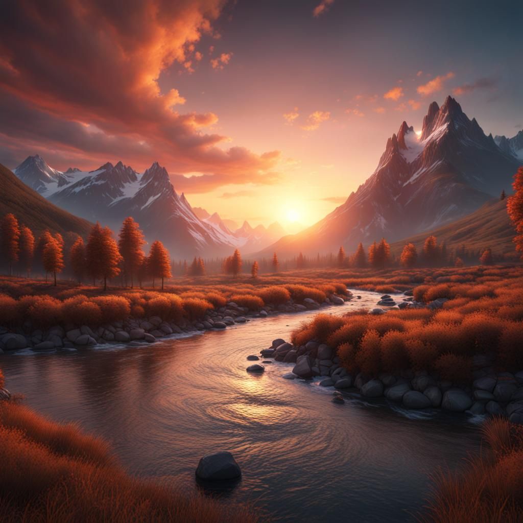 River and Mountains Sunset: Detailed Matte Painting