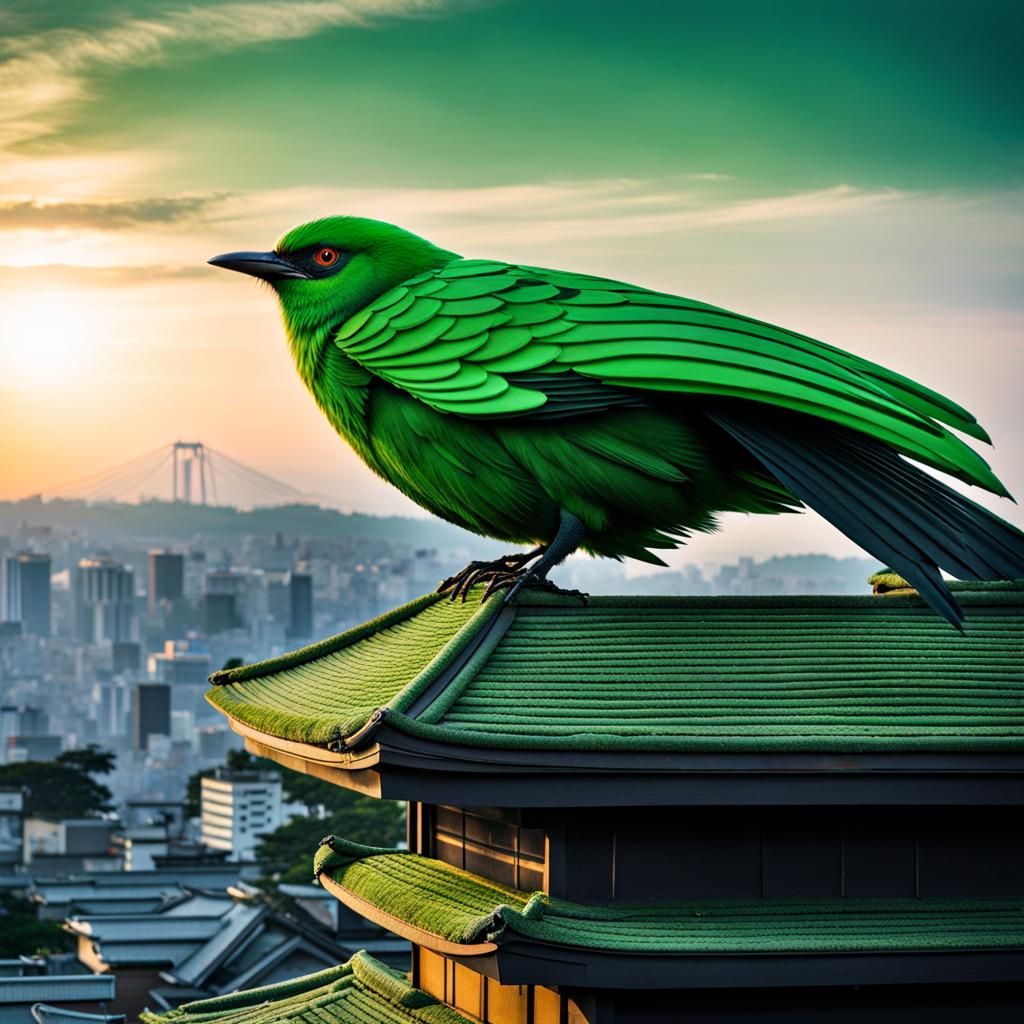 Green Ninja Bird on Rooftop in Japan
