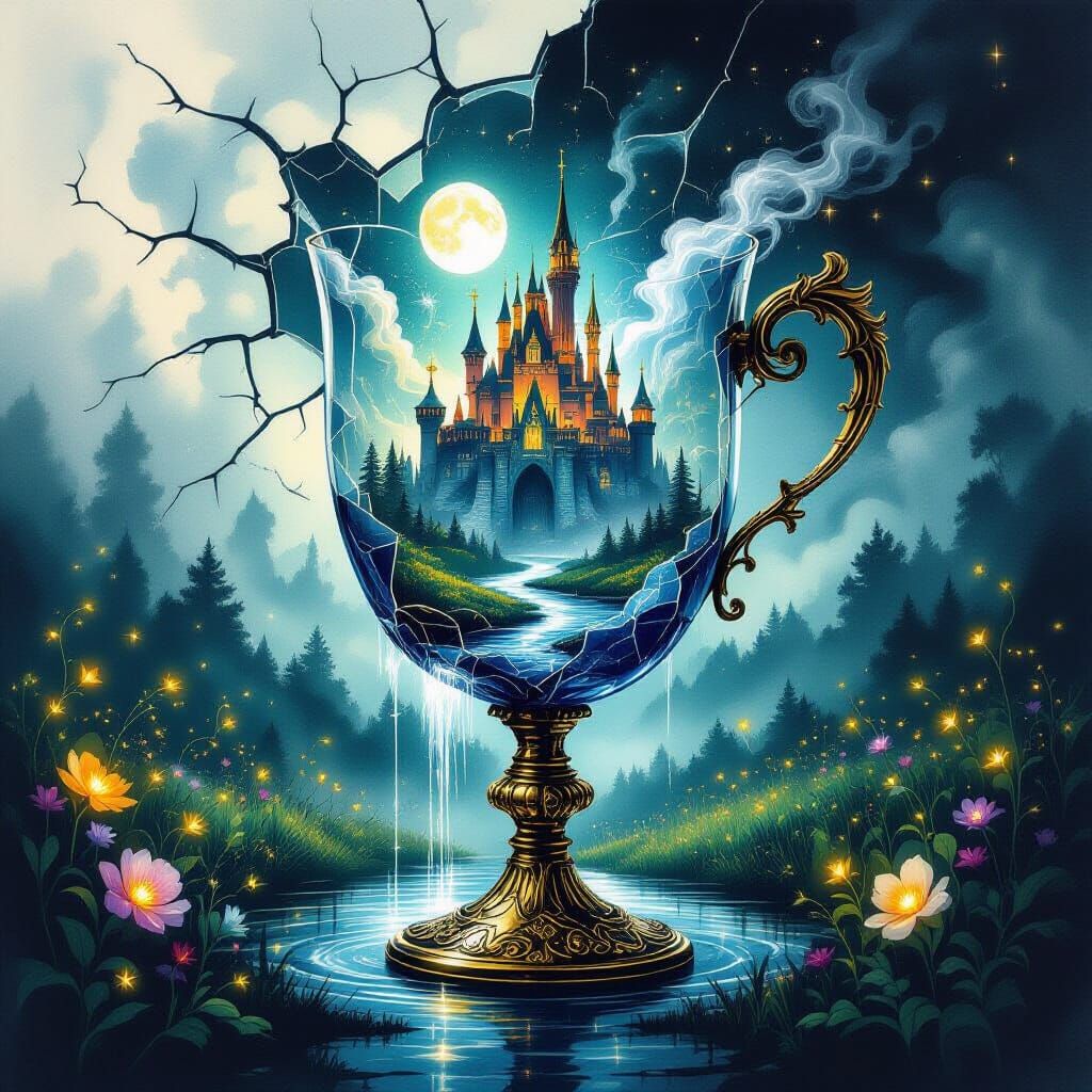 Enchanted Castle Rising from Chalice in Ink-Wash Style