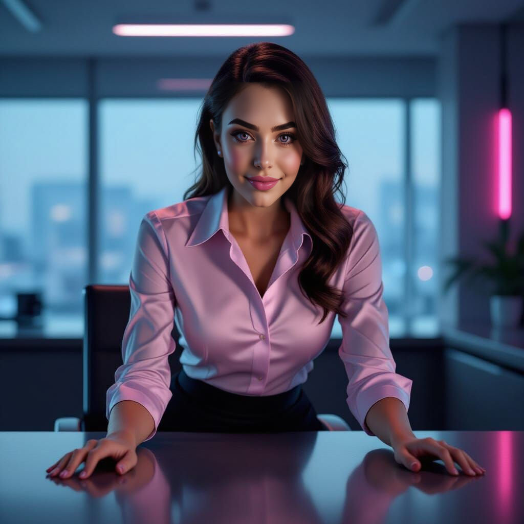 Woman in Satin Blouse in Dimly Lit Office
