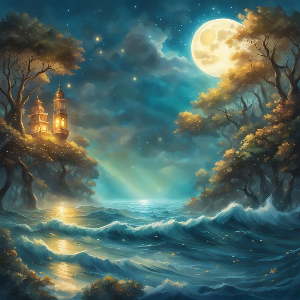 Underwater Full Moon in Ethereal Fantasy Style