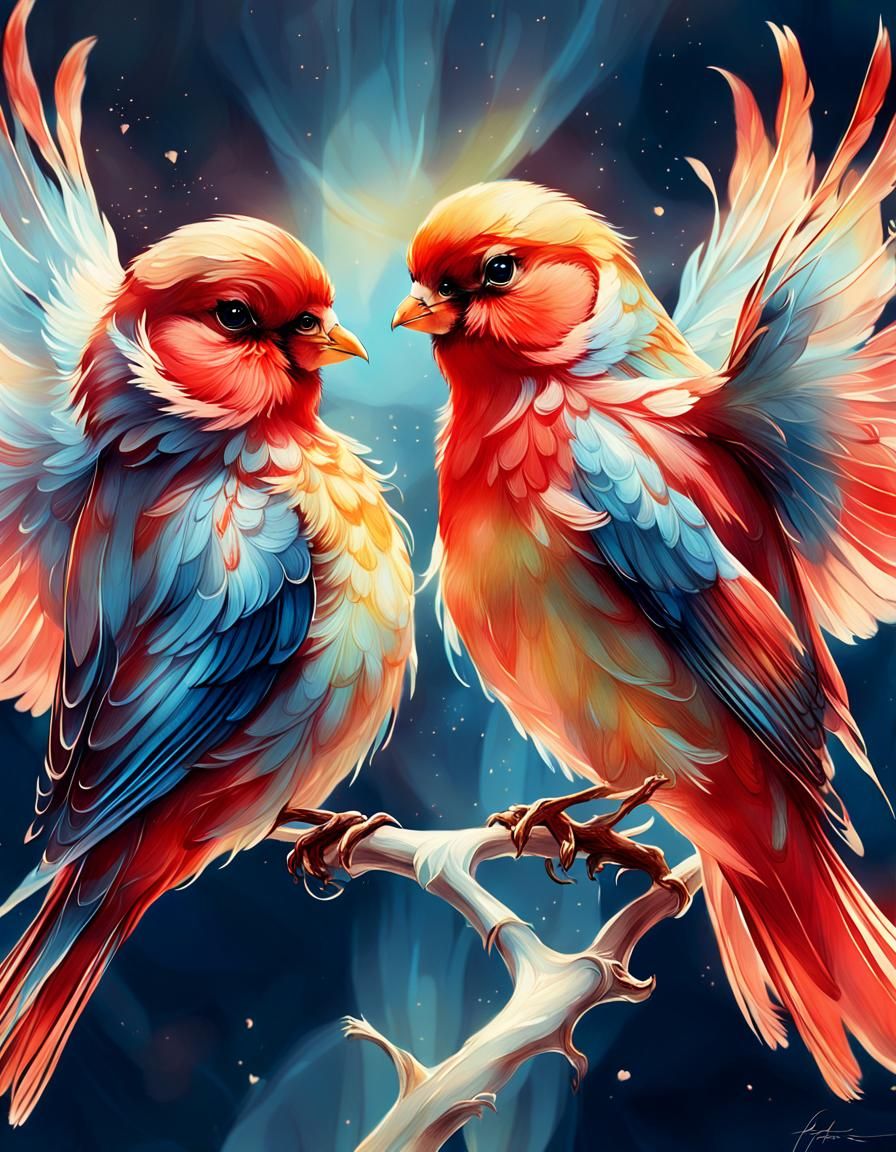 Abstract Canaries in Romantic Pose, Soft Ethereal Glow