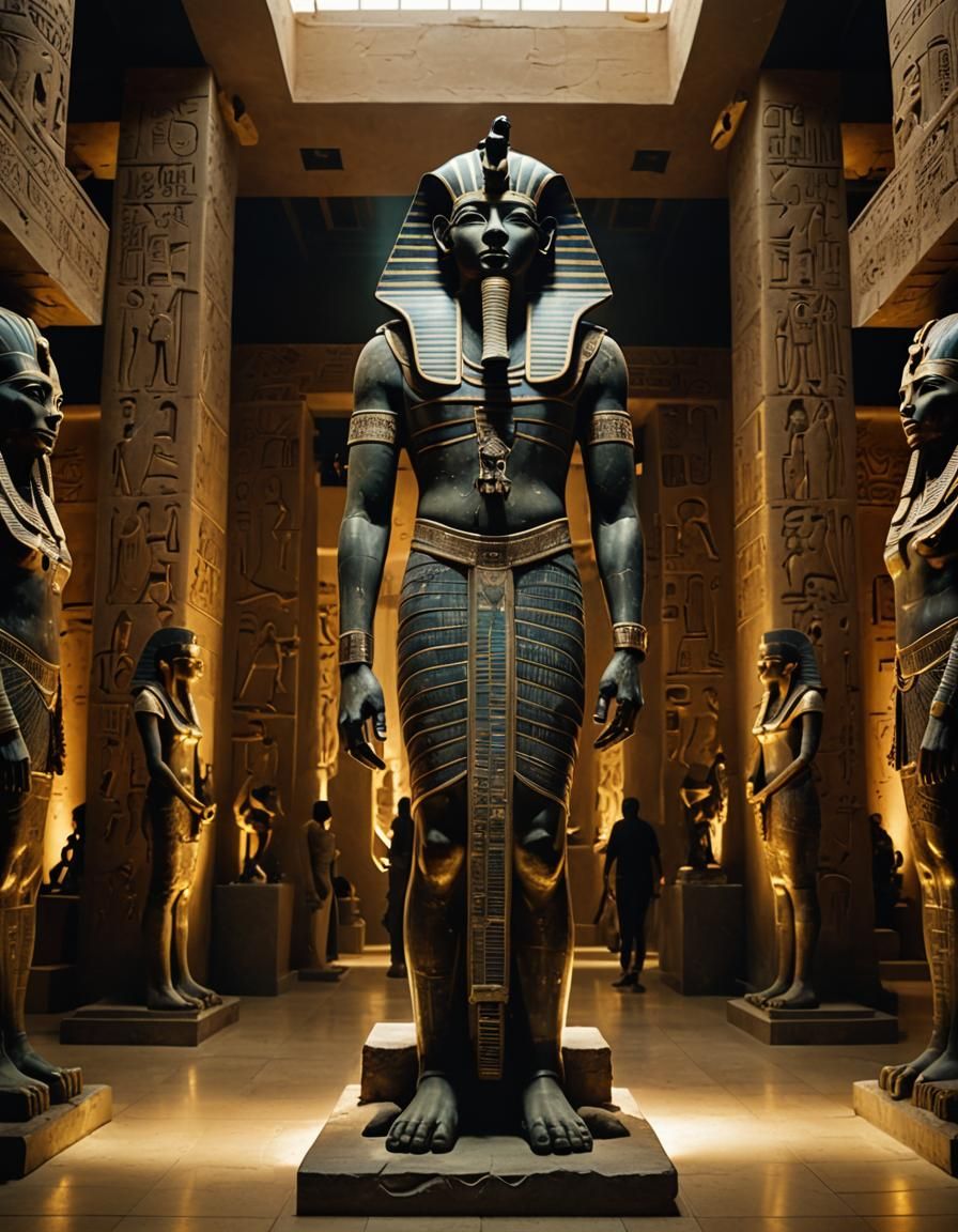 Egyptian Statue Awakens in Museum Gallery: Surreal Art