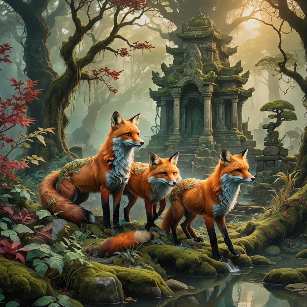 Merged Fox Spirits in Ancient Ruins