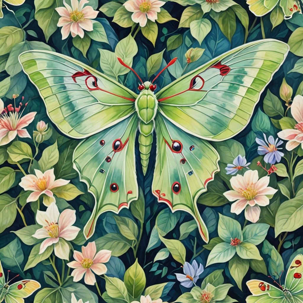 Luna Moth in Gouache Style Watercolor Painting