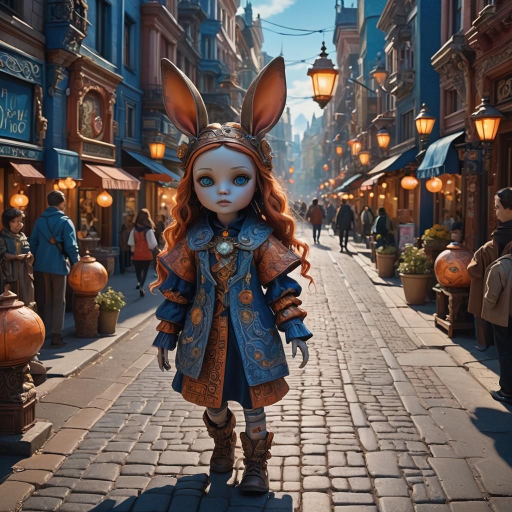 Square Head Doll on Bustling Avenue: Fantasy Concept Art