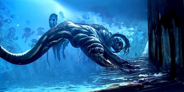 Sinister Sea Monster Gazing Upward in Deep Water