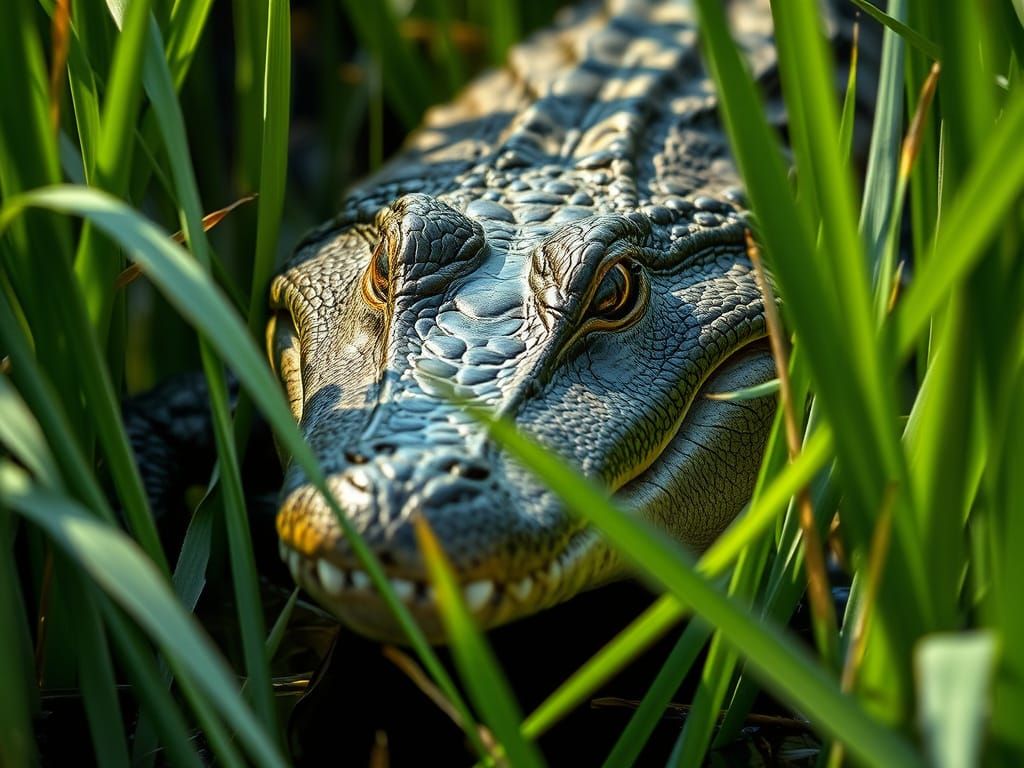 Stealthy Crocodile Hiding in Verdant Reeds