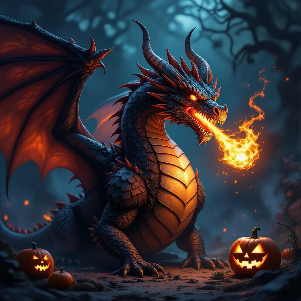Majestic Fire Dragon with Halloween Motifs in Dark Fantasy S...