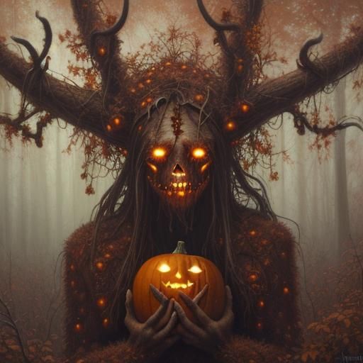 Wendigo Beneath Pumpkin Tree: Oil Painting