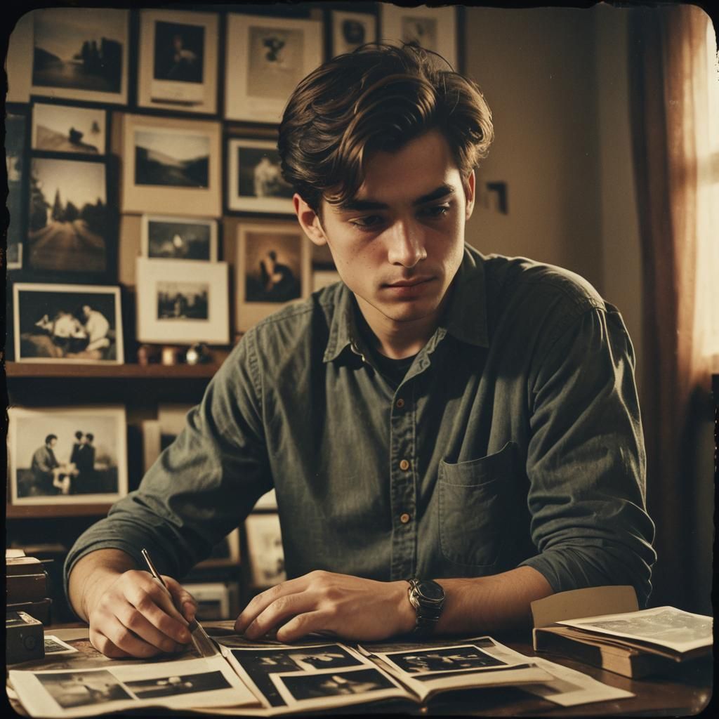 Nostalgic Young Man Reflects on Old Photos