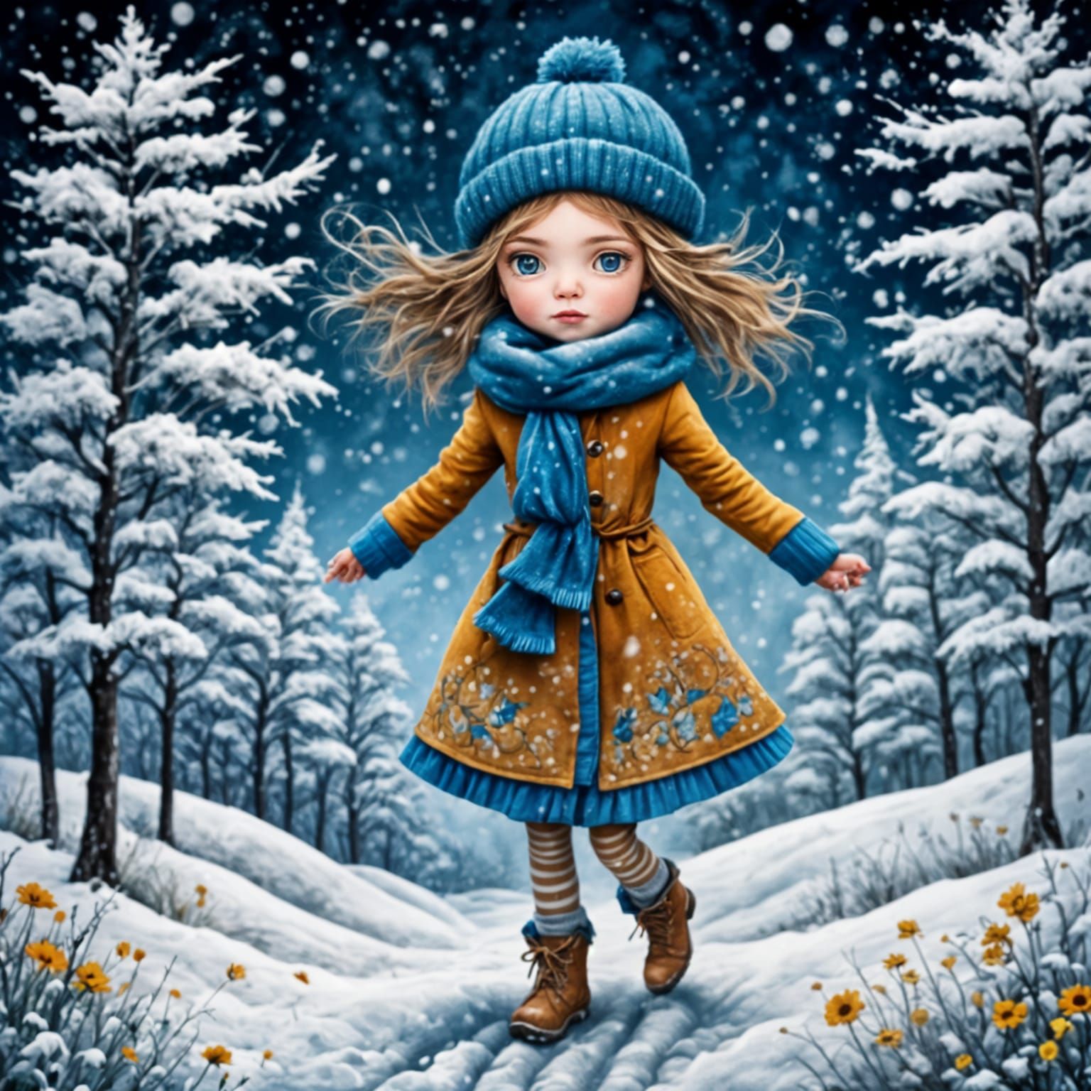Whimsical Girl Walking in Winter Snow