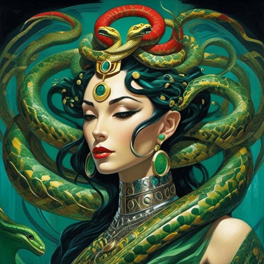 Stunning Medusa Priestess with Snakes in Hyperrealistic Deta...