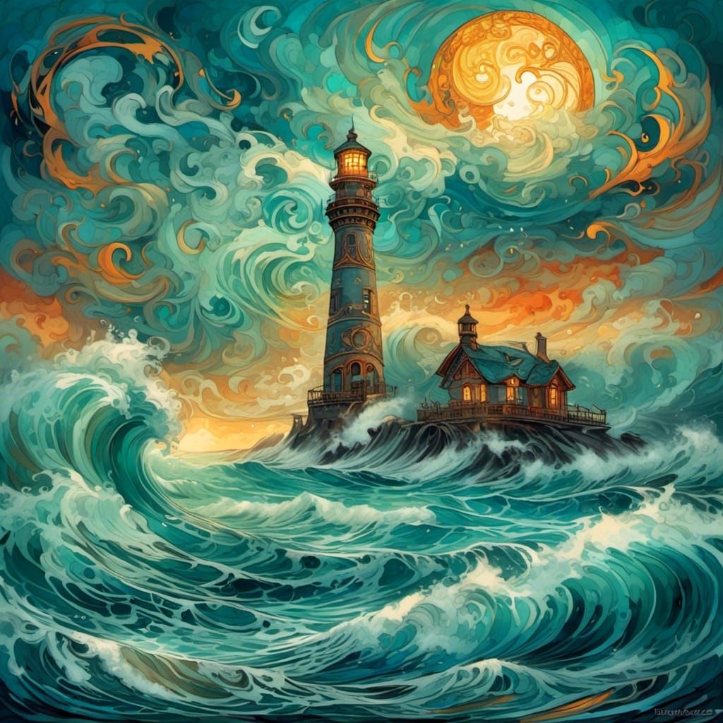 Lighthouse Against Stormy Sea in Art Nouveau Style