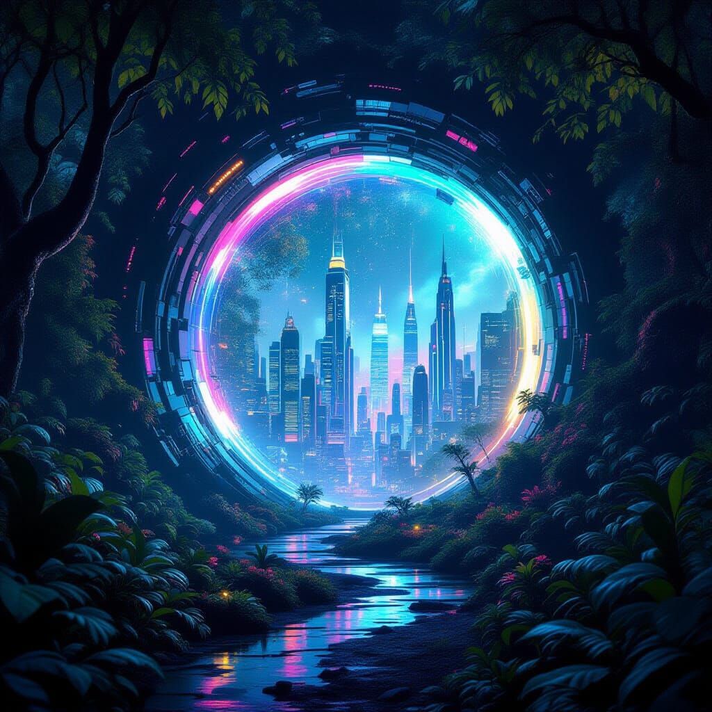 Wormhole Reveals Futuristic City in Forest, Sci-Fi Style