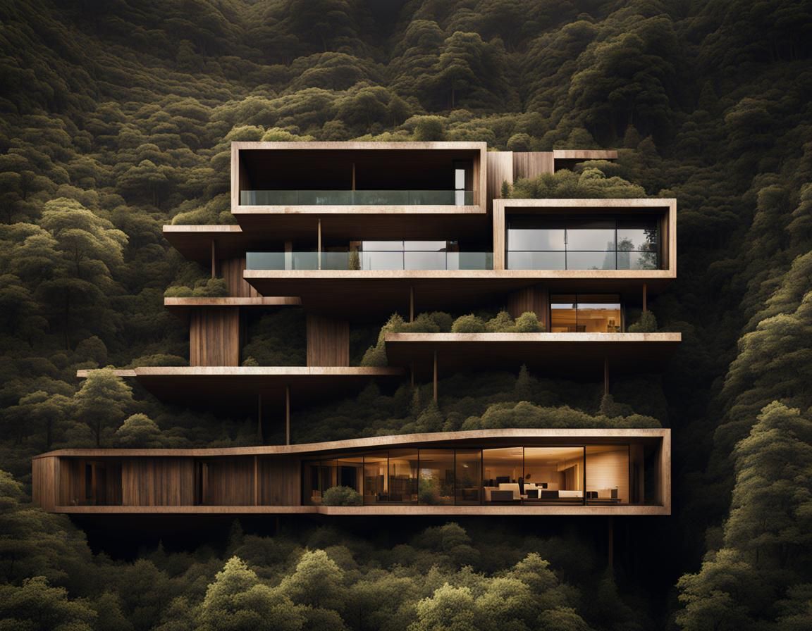Typographic Cliffside House in Abstract Forest