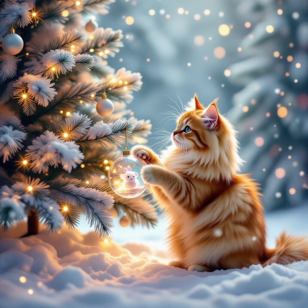 Shaggy Orange Cat Near Christmas Tree with Whimsical Mouse