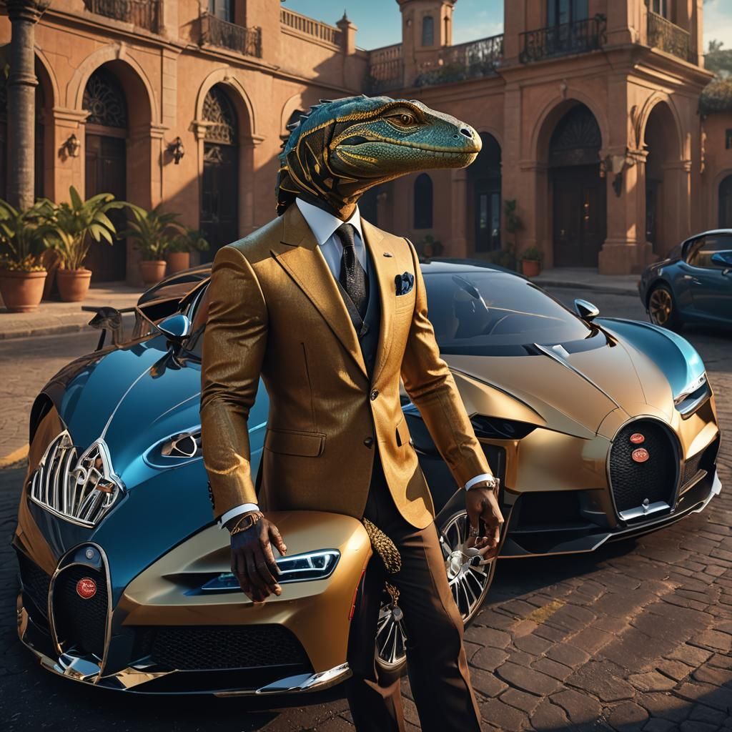 Lizard Man in Jamaican Suit Beside Bugatti