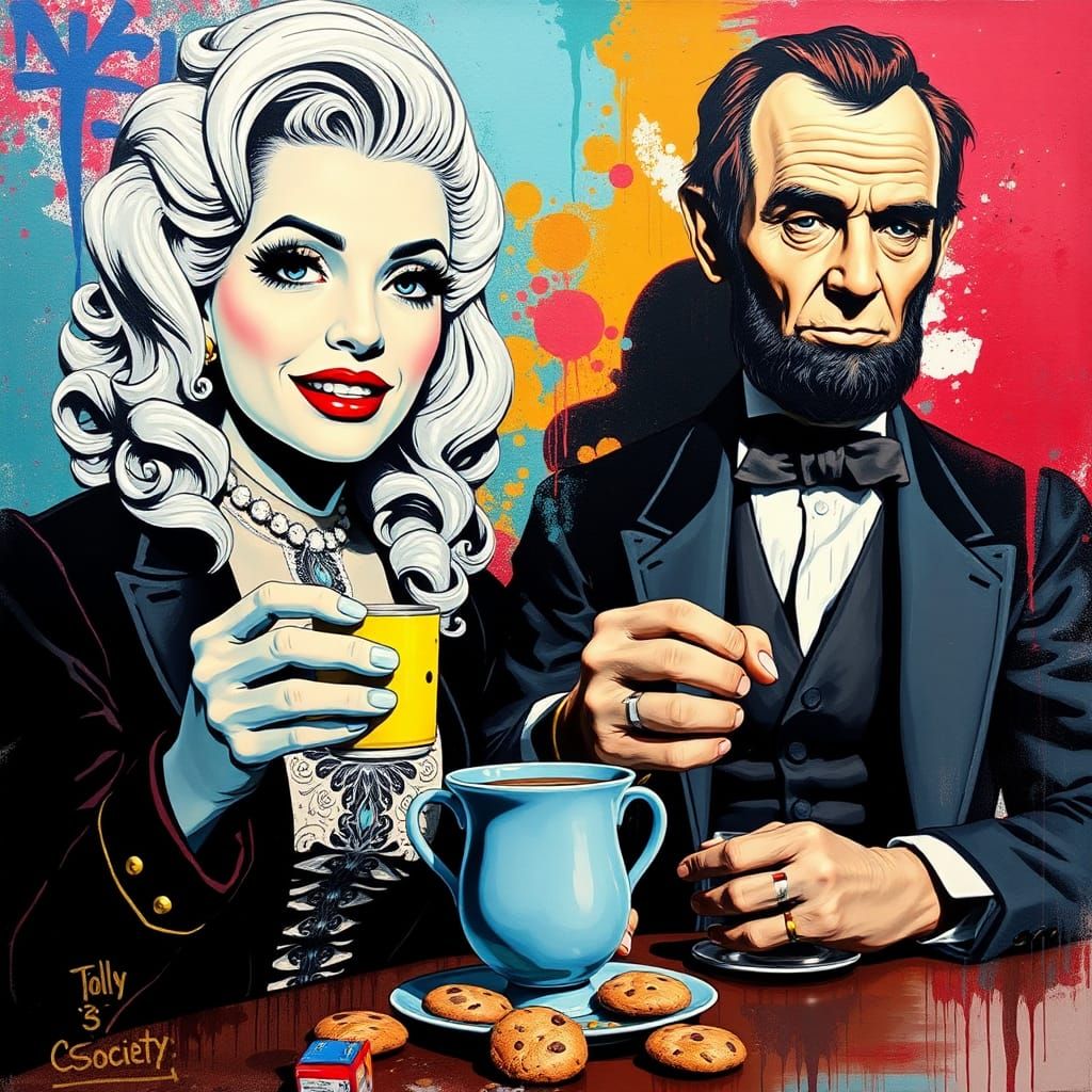 Tea and cookies, Dolly Parton and Abraham Lincoln, comic book art, perfect, smooth