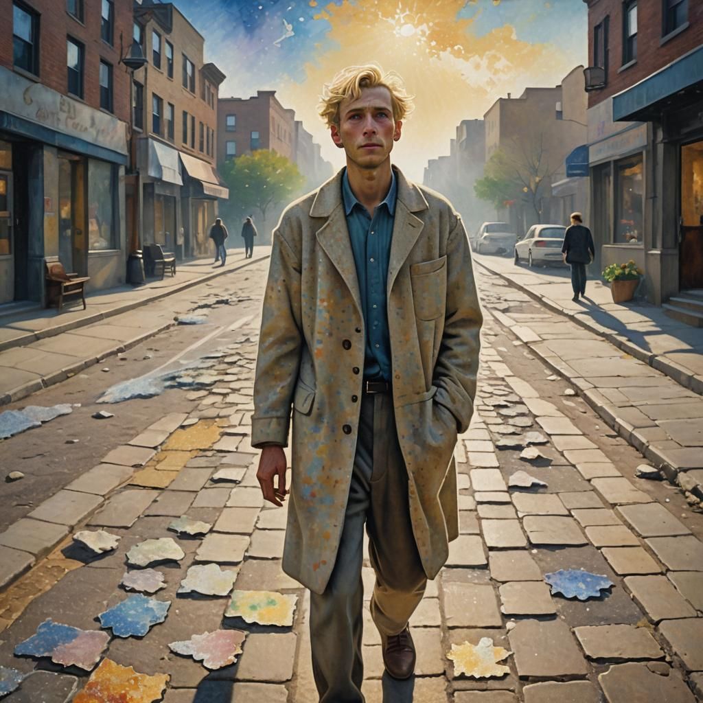 Pensive Man Walks in Pointillist Dreamscape