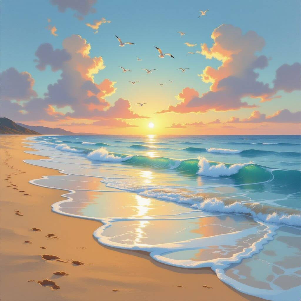 Surreal Ocean Sunset with Melting Forms