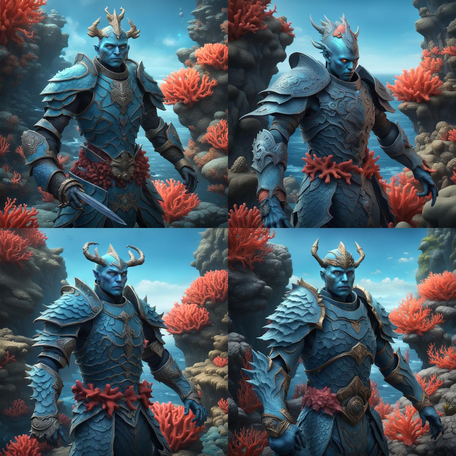 Dark Fantasy Sea Humanoid Fighter on Coast