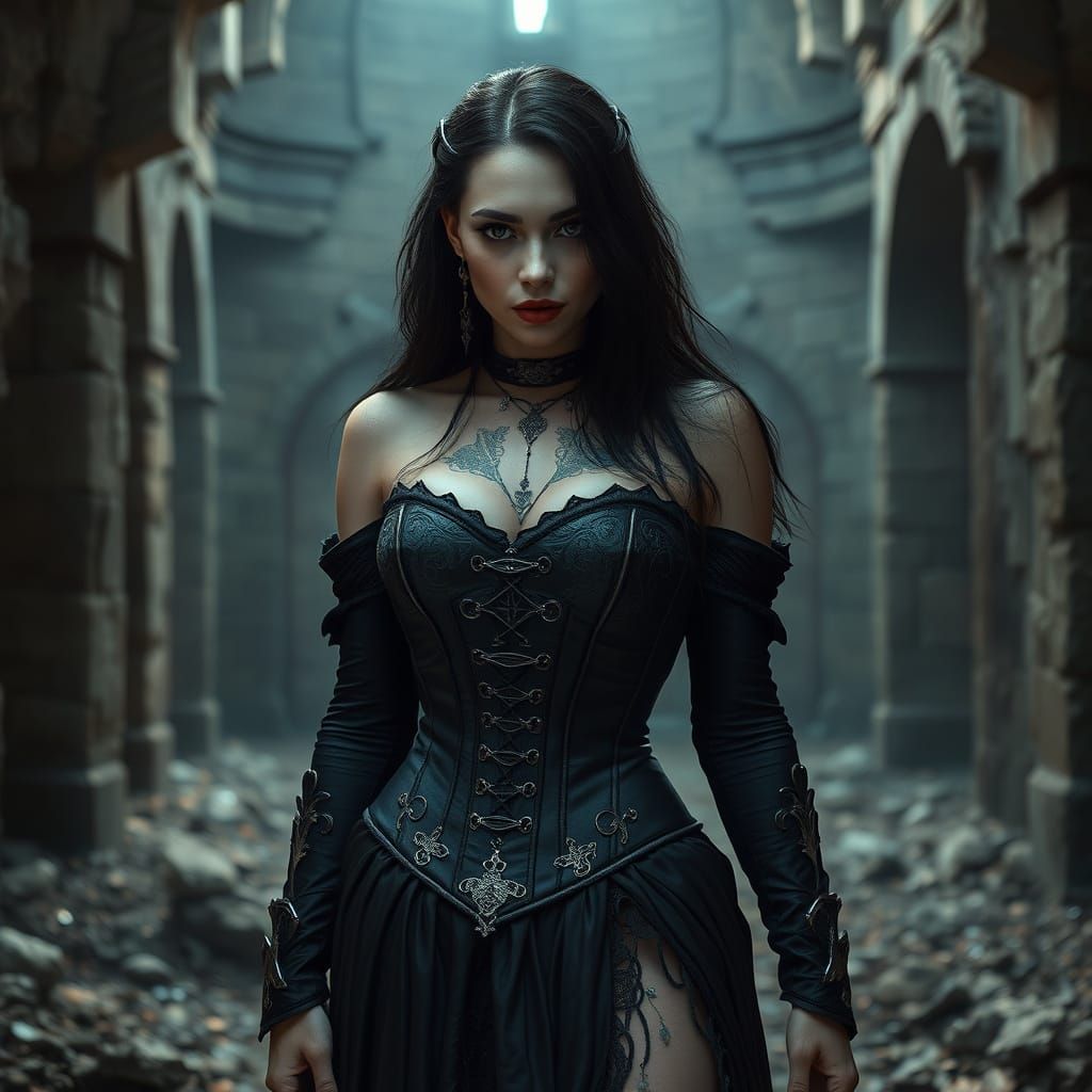 Vampire Sorceress in Ruined Temple, Photorealistic Fantasy