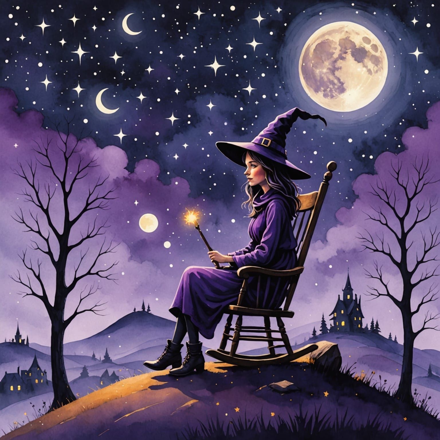 Whimsical Witch Under a Starry Night Sky as Watercolor Paint...