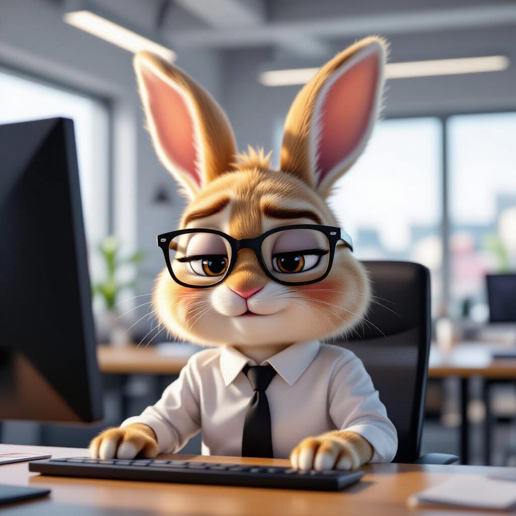 Tired Rabbit in Glasses Works Late in Office: Realistic Phot...