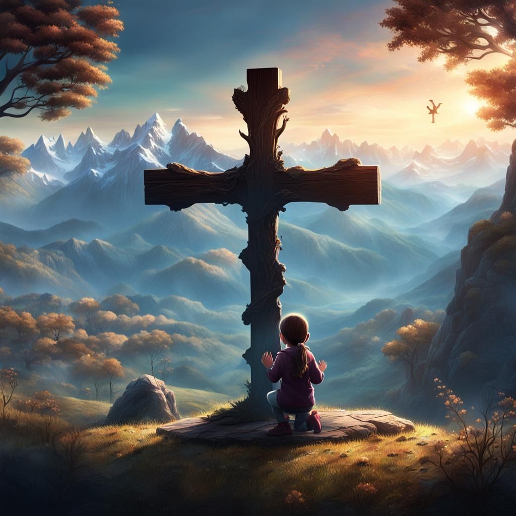 Girl Praying Silhouette with Mountain Cross