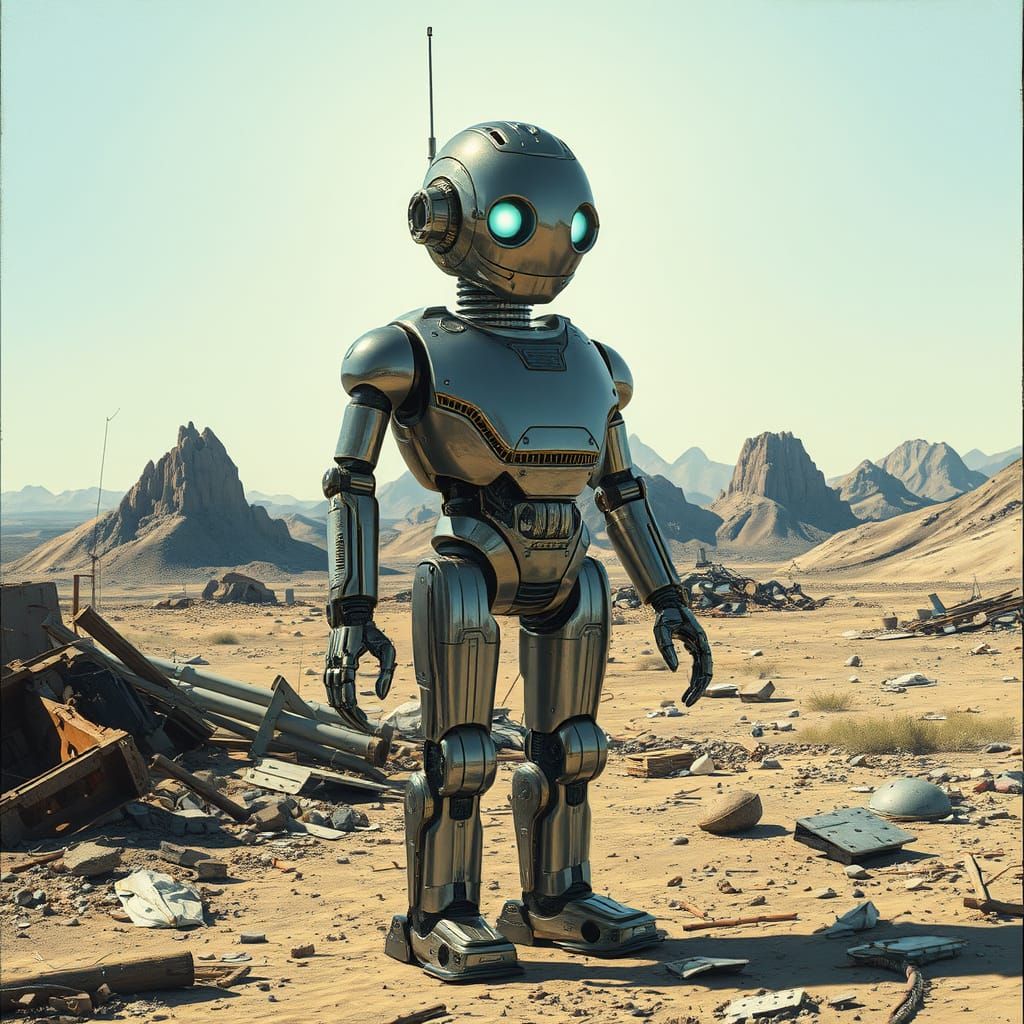 Cyberpunk Robot Stands Vigilant in Haunting Post-Apocalyptic...