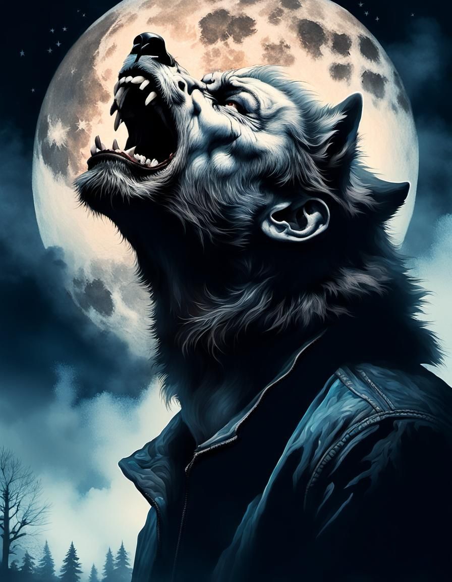 Gothic Horror Double Exposure: Man, Wolf, and Moon