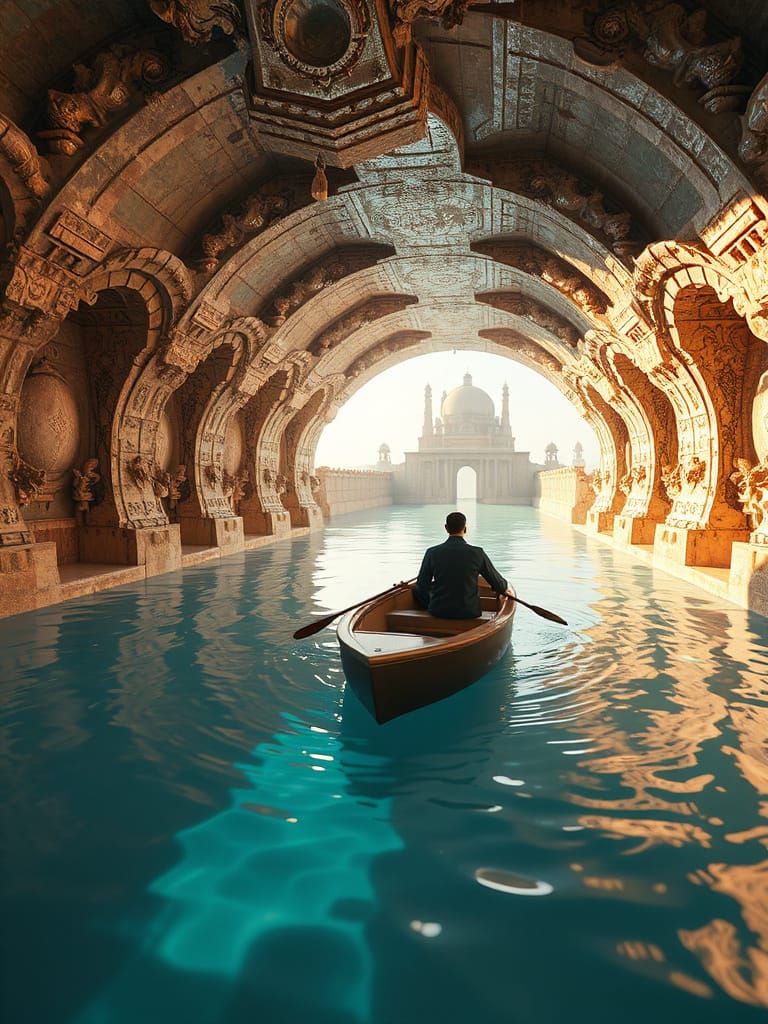 Retro Futuristic Scene with Mysterious Figure in a Tunnel