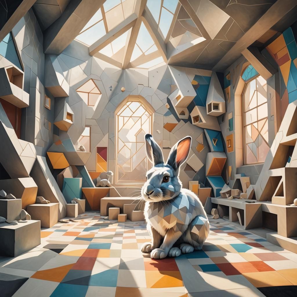 Rabbit in Deconstructivist Room, Charcoal Drawing