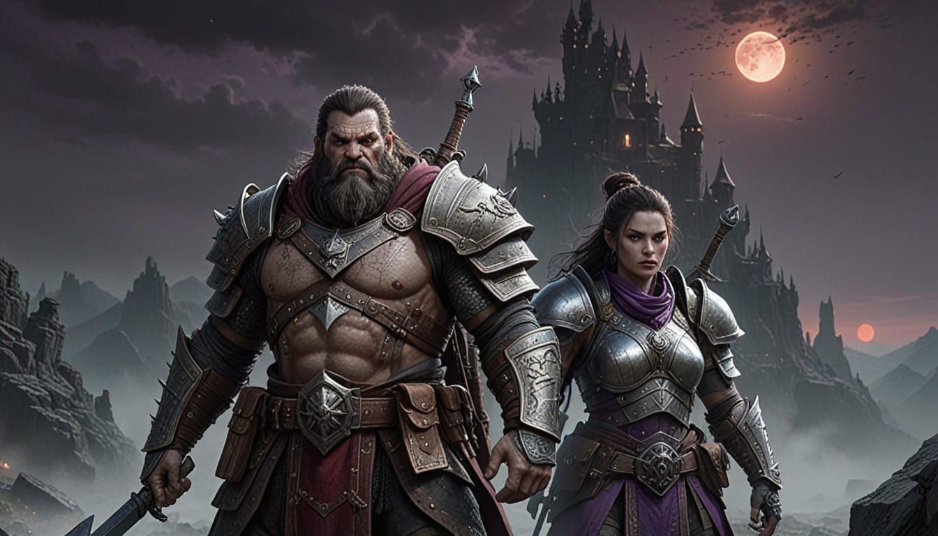 Grim-Dark Fantasy Battle Scene in Cyberpunk Style