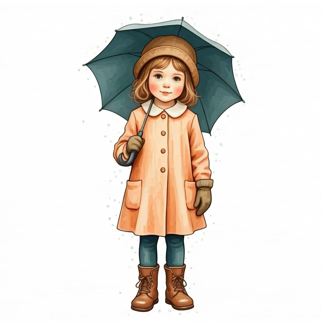 Whimsical Watercolor Illustration of Girl with Umbrella