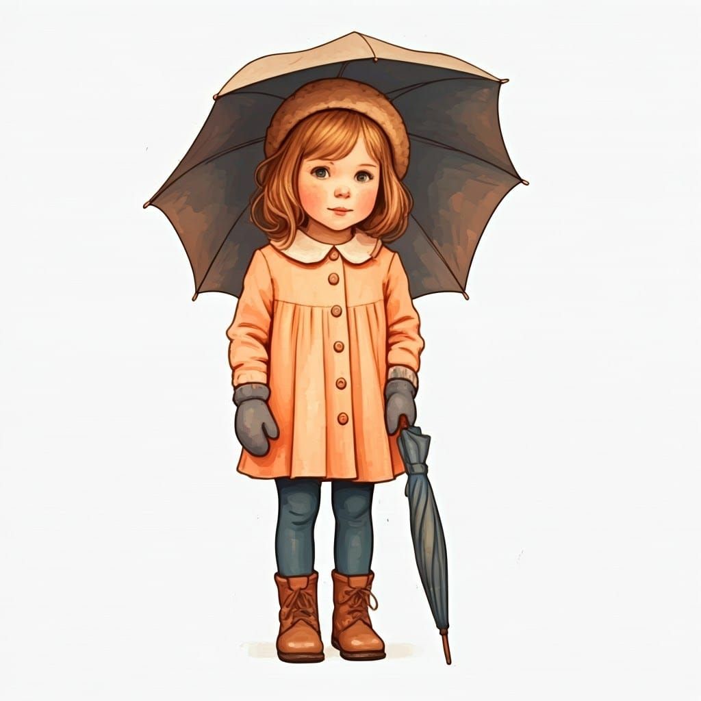 Whimsical Watercolor Illustration of Girl with Umbrella