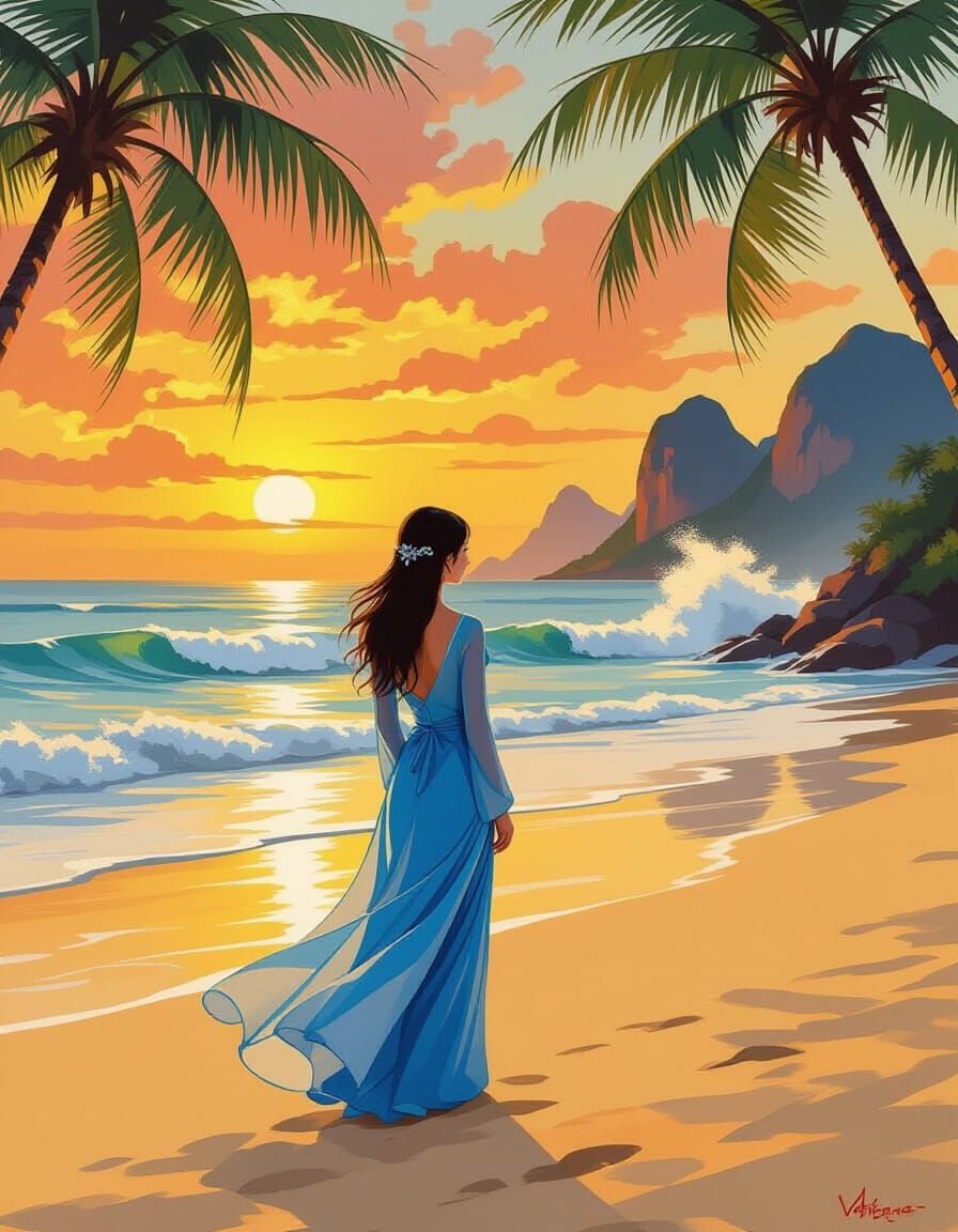 Vietnamese Lady Watching Sunset as Impasto Painting