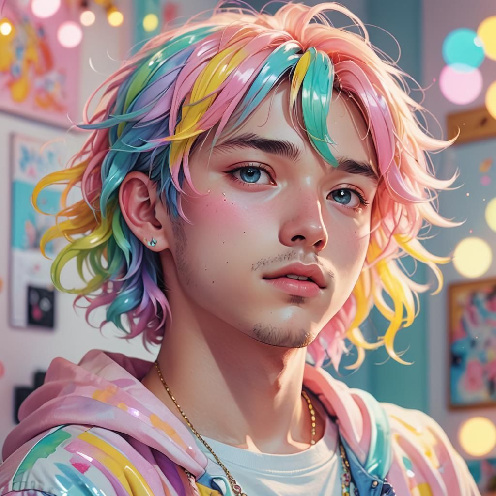 Pastel Anime Guy with Piercings in Kawaii Bedroom
