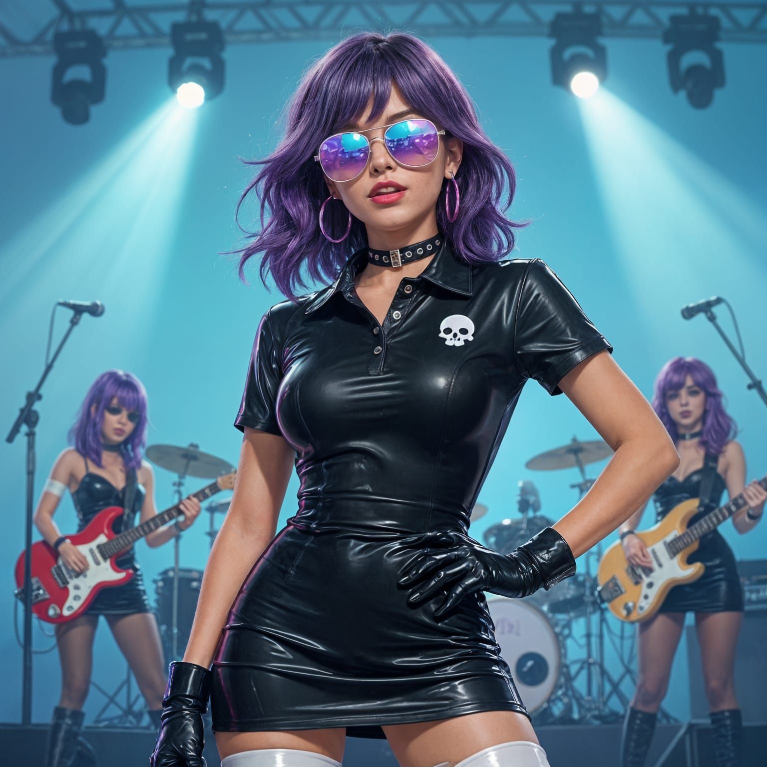 Purple Haired Singer in Latex Dress on Stage