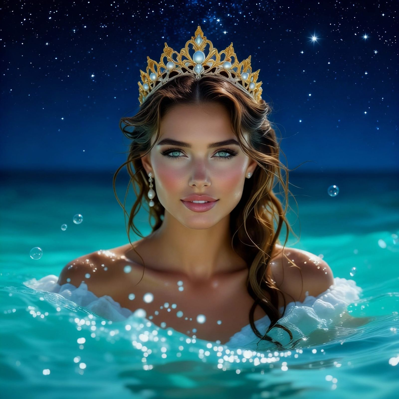 Swan Princess Emerges From Sparkling Azure Sea