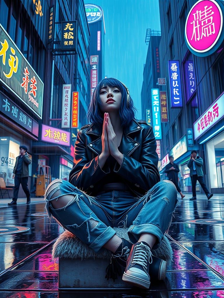 Blue-Haired Bosozoku Woman in Cyberpunk City