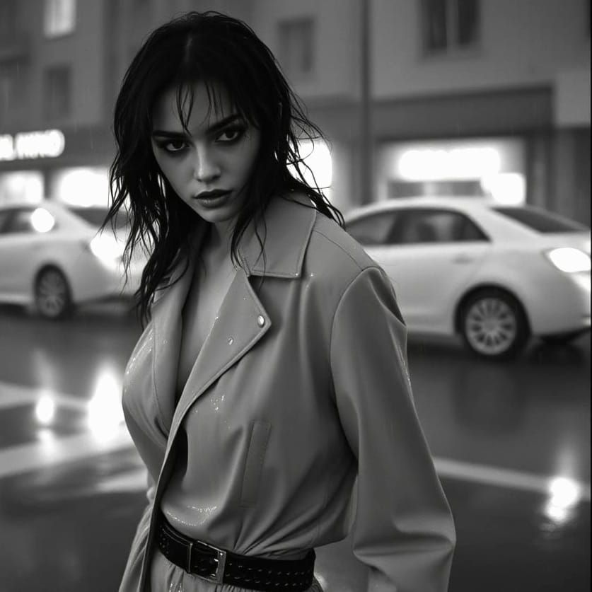 Dynamic Rain-Soaked Street Scene in Gritty Monochrome