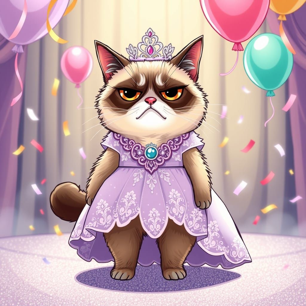 Adorable Grumpy Cat Reigns in Lavender Ball Gown