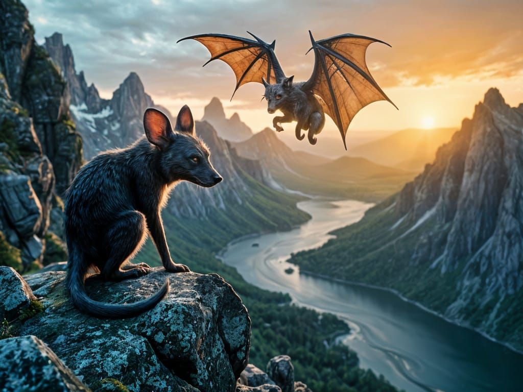 Mossy Monster Lurks on Rocky Peak as Bat Soars by