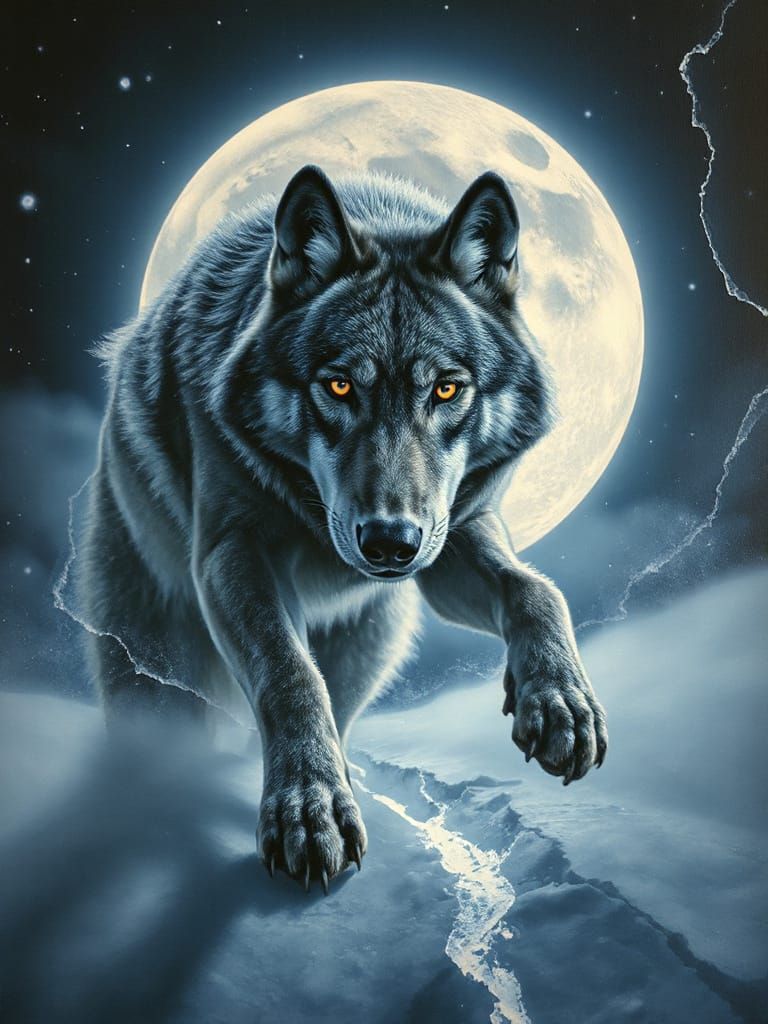 Winter Moon Cracks Revealing Smoke Wolf in Ethereal Glow