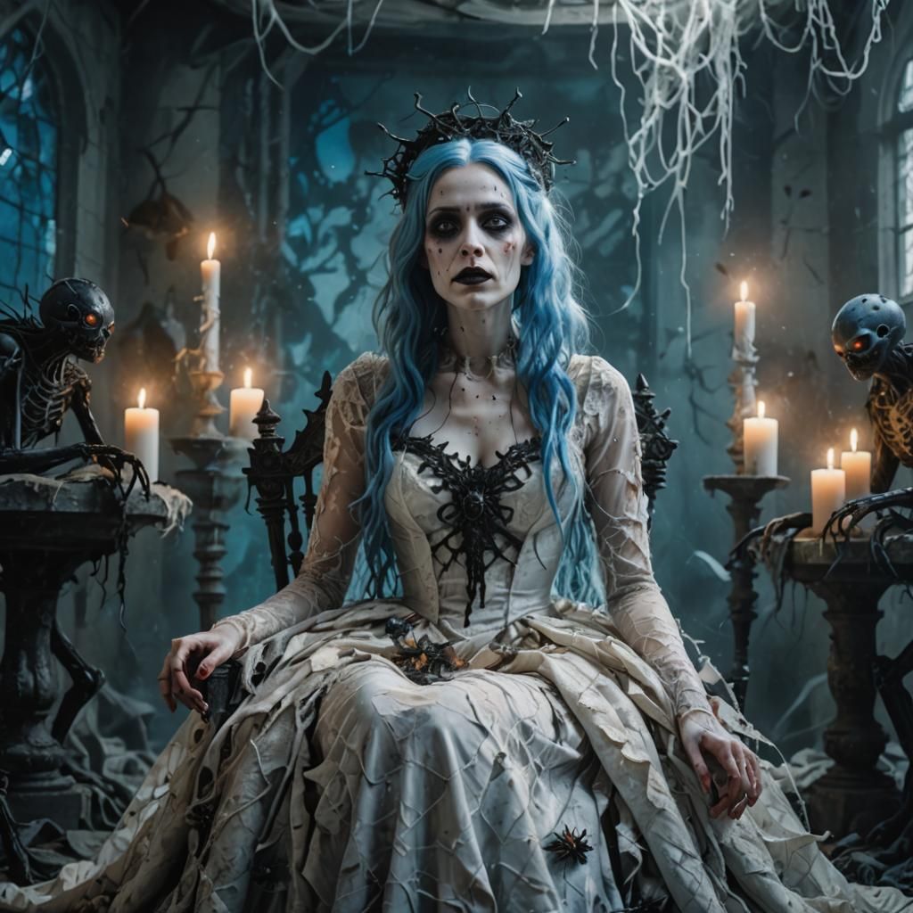 Undead Bride on Throne: Gothic Horror Oil Painting