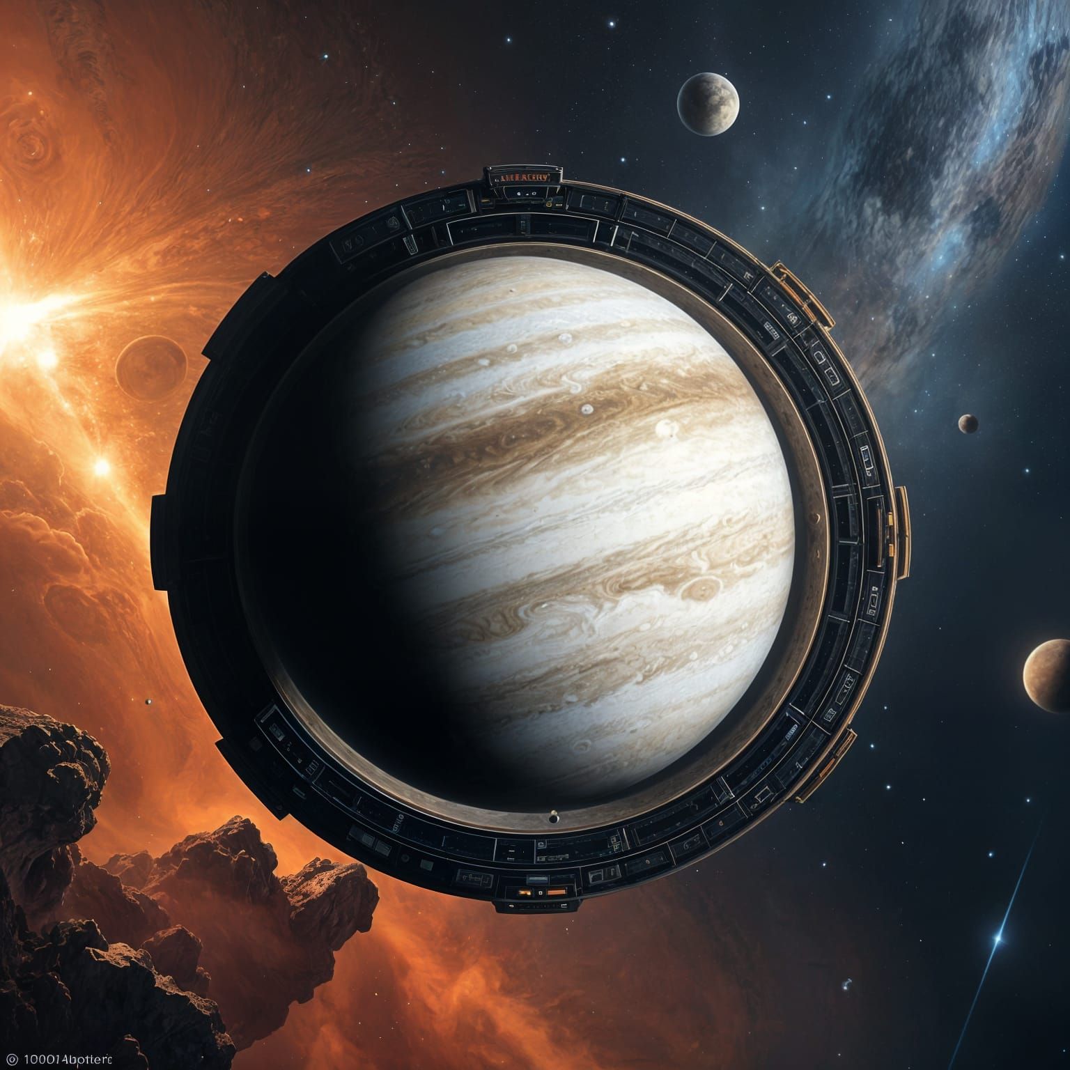 Space Station Orbits Giant Planet in Cosmic Scene